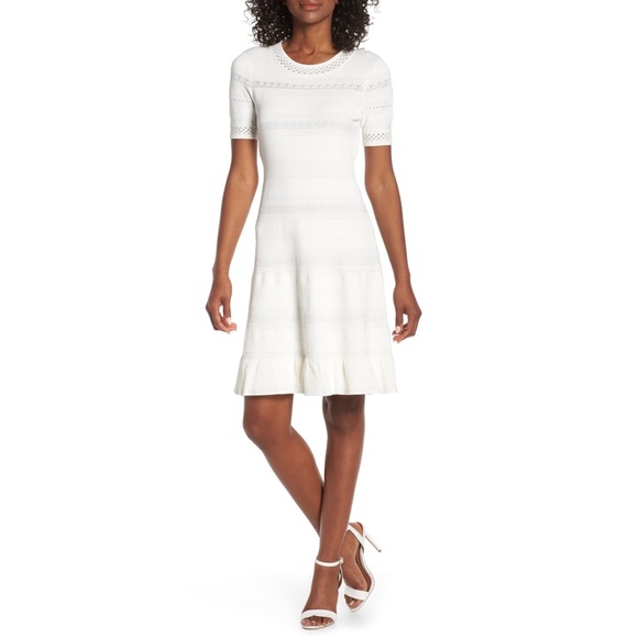 Eliza J Dresses & Skirts - ELIZA J White Pointelle Ruffle Hem Sweater Dress